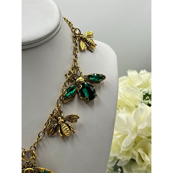 Stainless Steel Gold Plated Green Rhinestone Queen Bumble Bee Statement Necklace - Picture 3 of 12